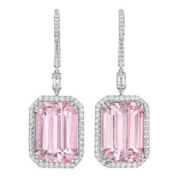 Pink Kunzite & Diamonds 22.50 CT Lady Dangle Earrings, 14K White Gold