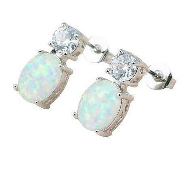 Prong Set 13 CT Opal & Diamonds Stud Earrings, 14K White Gold