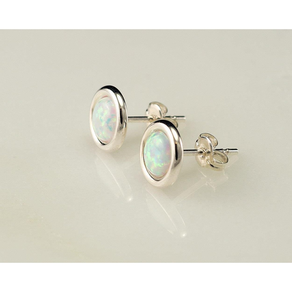 61619 14K White Gold Round Cut Bezel Set Opal 8 CT Lady Stud Earrings