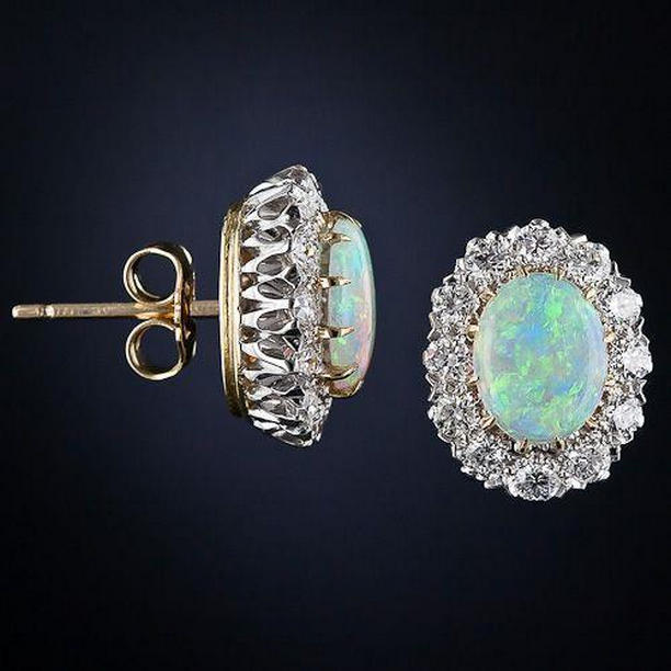 Womens 11 CT Opal with Diamonds Stud Earrings, 14K Yellow Gold