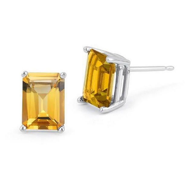 Solitaire Emerald Cut Citrine 44 CT Stud Earrings, 14K White Gold