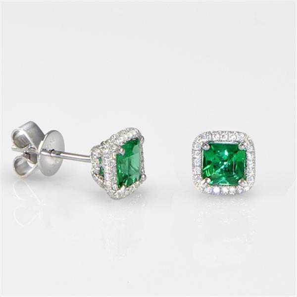 5 CT Emerald with Halo Diamonds Stud Earrings, 14K White Gold