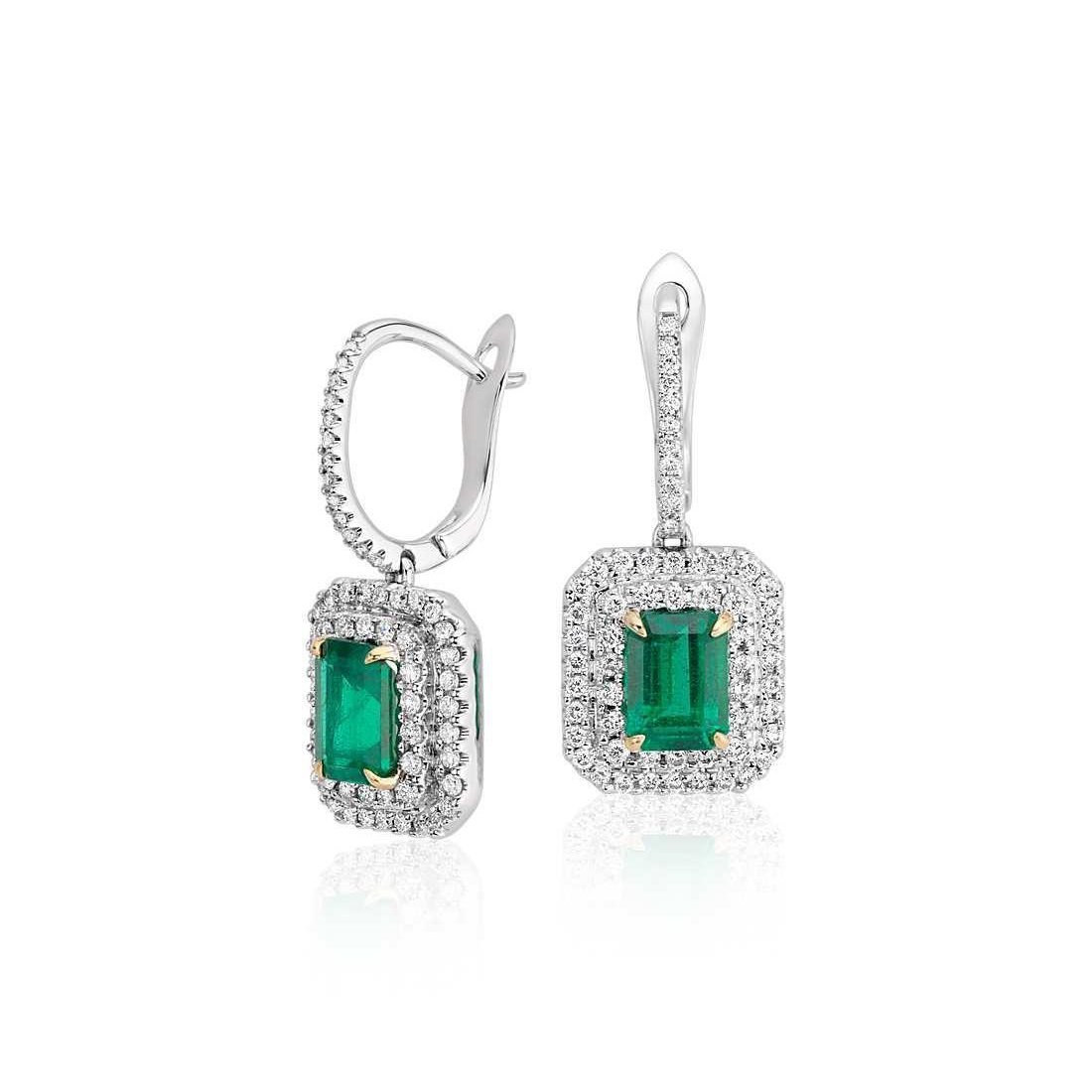 Womens 6 CT Emerald with Diamonds Dangle Earrings, 14K White Gold