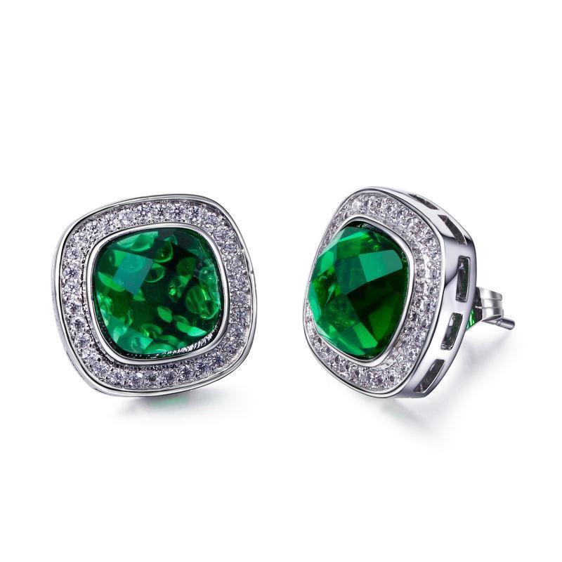 6.20 CT Emerald with Diamonds Stud Halo Earrings, 14K White Gold