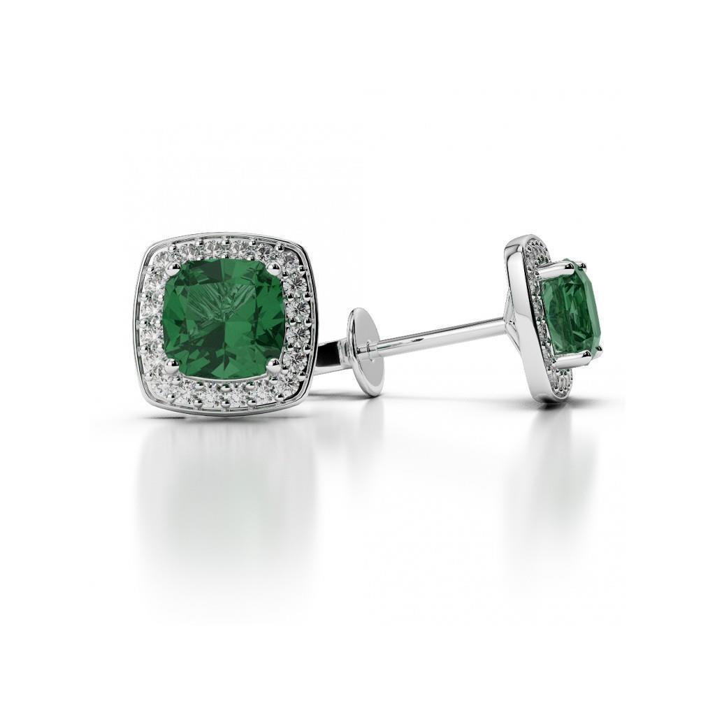 62205 4.20 CT Cushion Emerald & Diamond Stud Halo Earrings