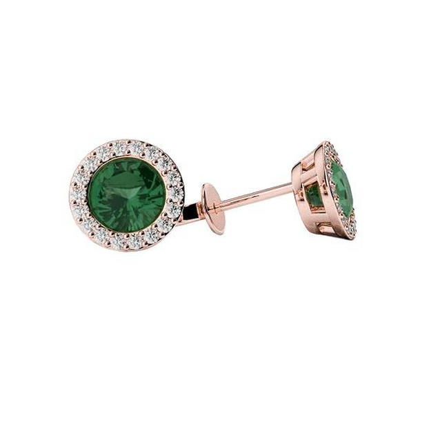 62206 14K Rose Gold Round 4.50 CT Emerald with Diamonds Stud Earrings