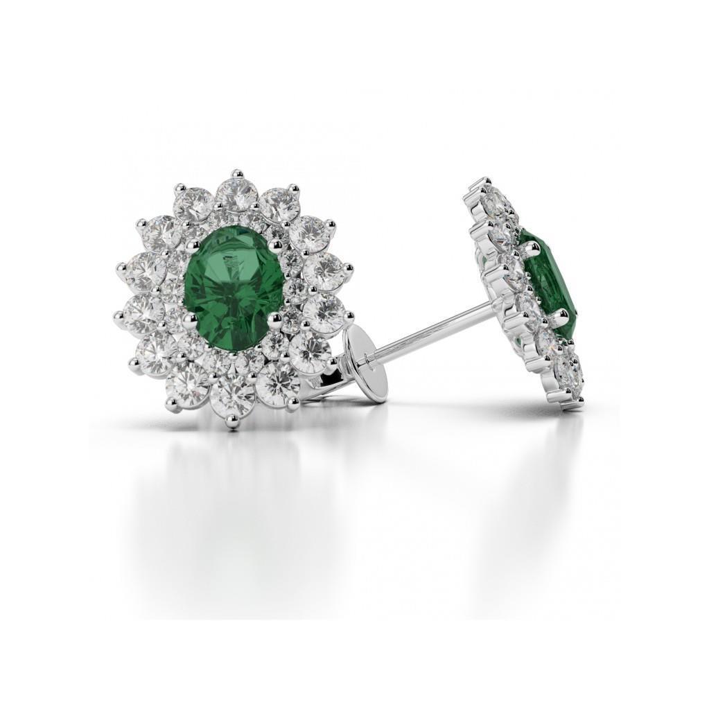 62207 6.50 CT Round Cut Emerald & Diamond Stud Earrings, 14K White Gold