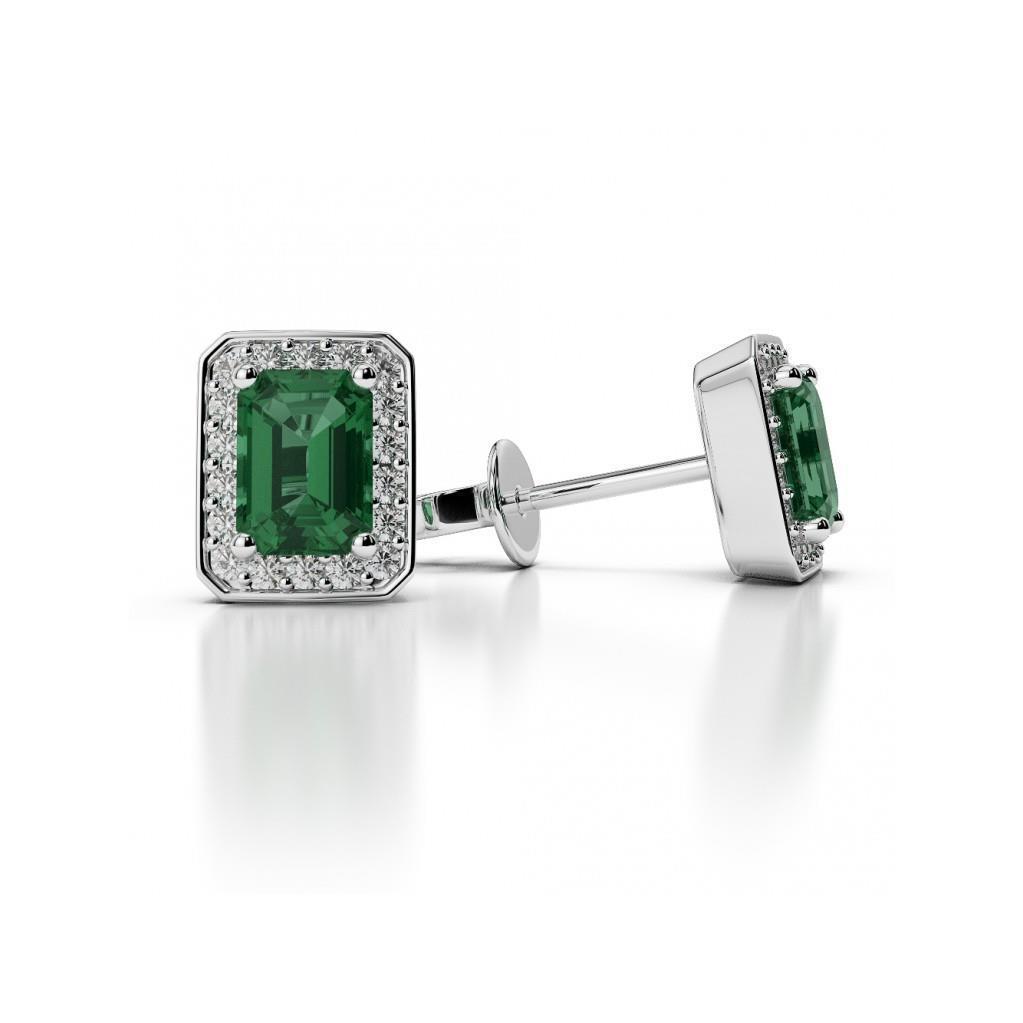 62211 Emerald Cut Emerald with Diamonds 5 CT Stud Halo Earrings, White Gold
