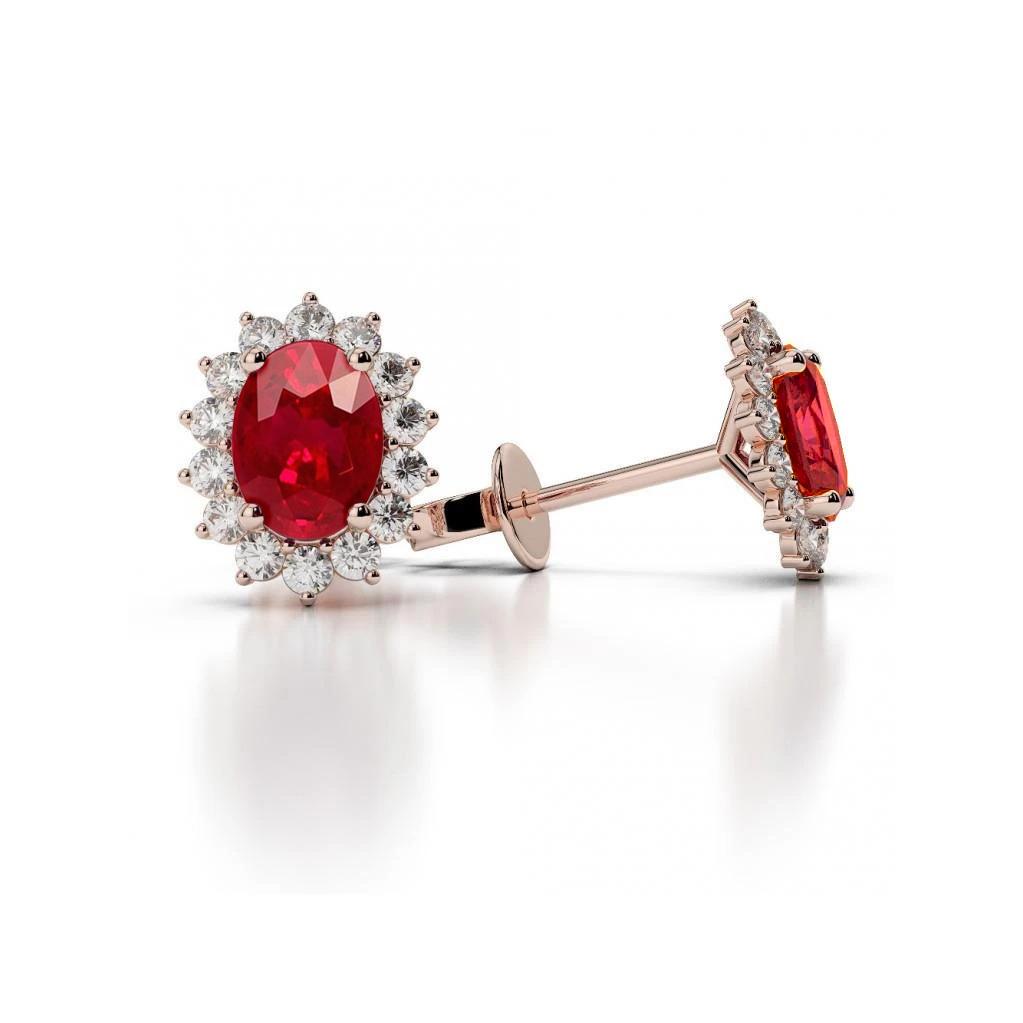 Womens Oval Ruby with Diamonds 6.70 CT Stud Earrings, 14K Rose Gold