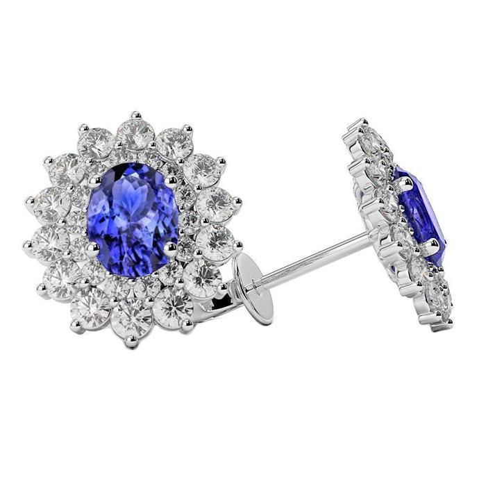 6 CT Blue Tanzanite & Diamonds Womens Stud Earrings, 14K Gold