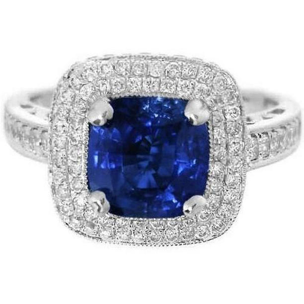 62245 2.60 CT Ceylon Sapphire & Diamond Ring, 14K White Gold - Size 6.5