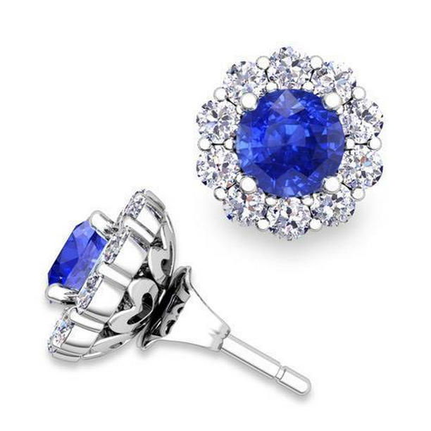 62247 Round Cut 4.50 CT Ceylon Sapphire with Diamonds Halo Studs, White Gold