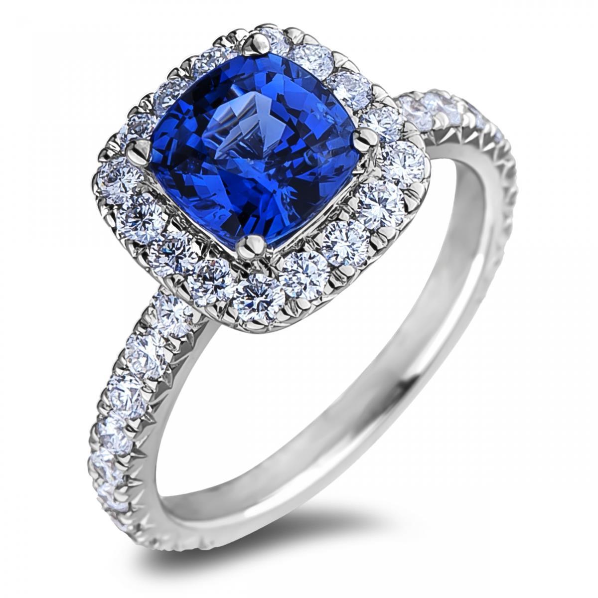 62264 Cushion Ceylon Blue Sapphire with Diamonds 2.50 CT Ring, Size 6.5