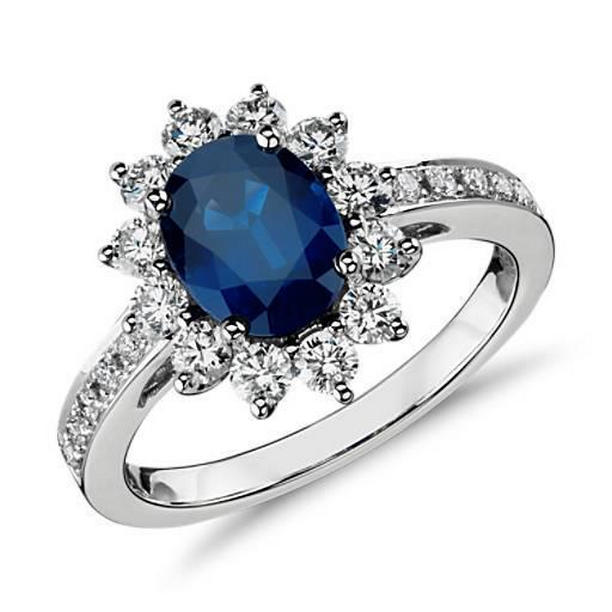 62282 1.70 CT Blue Oval Sapphire & Round Diamond Ring, 14K White Gold - Size 6.5