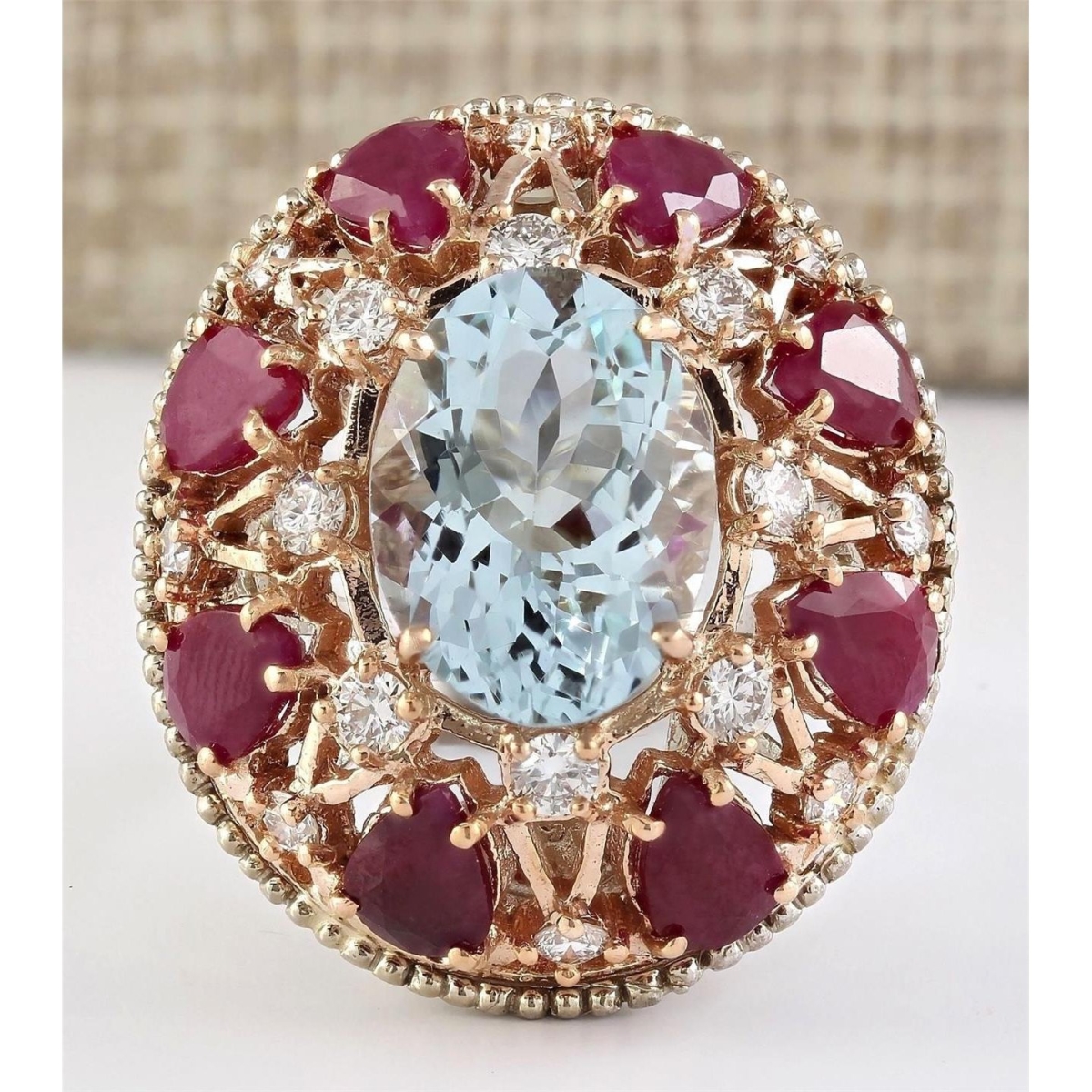 62284 15 CT Aquamarine Ruby & Diamonds Ring, 14K Gold - Size 6.5