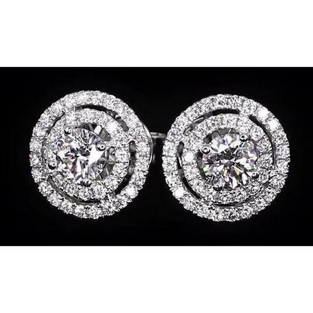 62894 3.50 CT Double Diamond Halo Stud Earrings, 14K White Gold
