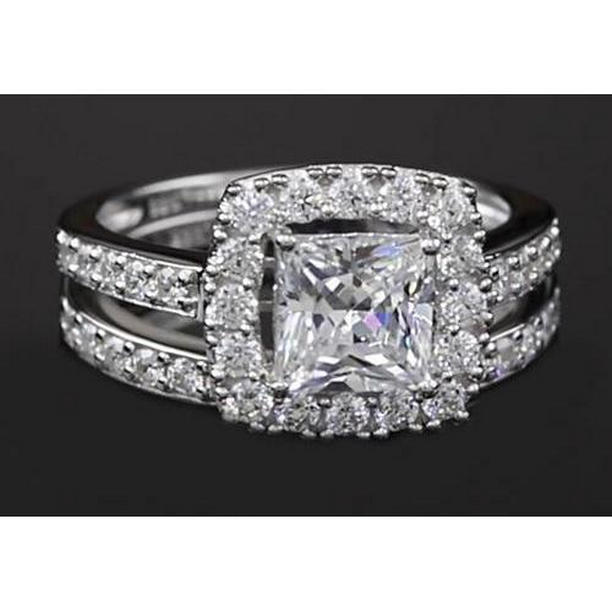62898 Princess Cut Diamond 3 CT Split Shank Style Halo Ring, Size 6.5
