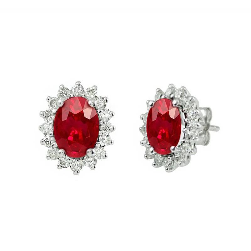3.50 CT Oval Red Ruby & Diamond Stud Halo Earrings, 14K White Gold