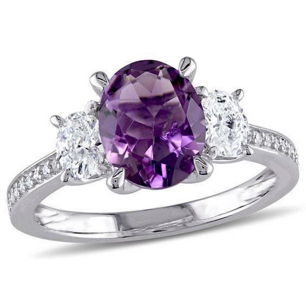 11.50 CT Prong Amethyst & Gemstone Diamond Ring, 14K White Gold - Size 6.5