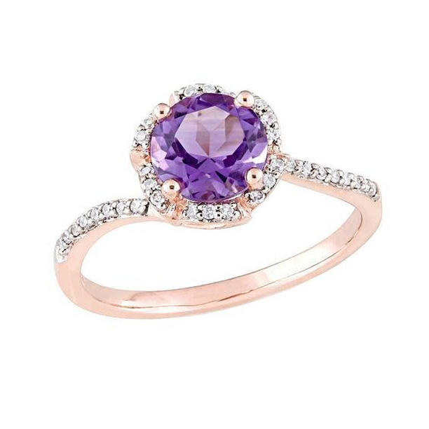 Round Amethyst with Diamond 6.75 CT 14K Rose Gold Gemstone Ring, Size 6.5