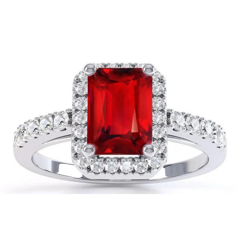 63729 Halo Red Ruby with Diamonds 4.45 CT Ring, 14K White Gold - Size 6.5