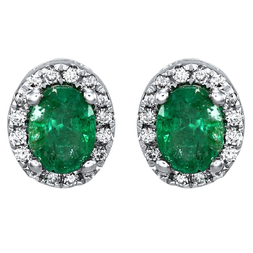 Emerald with Diamonds 5.90 CT Stud Halo Earrings, White Gold
