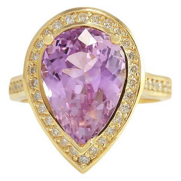 63770 20.75 CT Pink Pear Cut Kunzite Diamond Wedding Ring, 14K Yellow Gold - Size 6.5