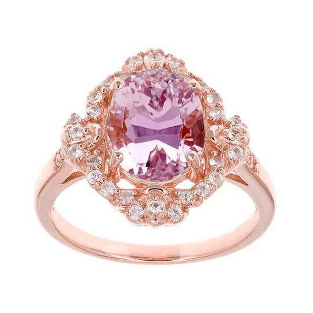 14K Rose Gold Prong Set 18 CT Kunzite with Diamonds Wedding Ring, Size 6.5