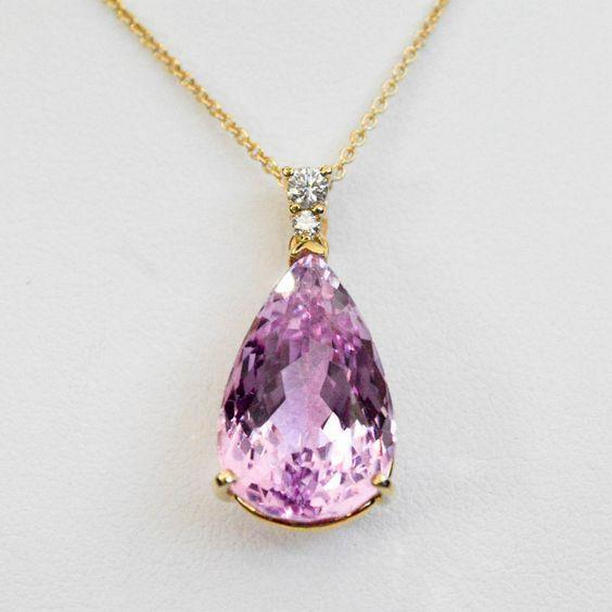 Picture of Harry Chad Enterprises 63784 20.75 CT Pink Pear Cut Kunzite & Diamond Necklace Pendant&#44; Gold
