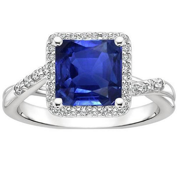 Picture of Harry Chad Enterprises 65880 4 CT Halo Square Shape Ceylon Blue Sapphire Center Diamond Ring&#44; Size 6.5