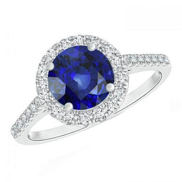 Picture of Harry Chad Enterprises 65887 2.50 CT Round Diamond Womens Halo Ceylon Sapphire Engagement Ring, Size 6.5