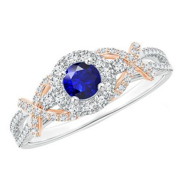 Picture of Harry Chad Enterprises 65894 Two Tone Diamond Jewelry 3 CT Round Blue Sapphire Gemstone Ring, Size 6.5