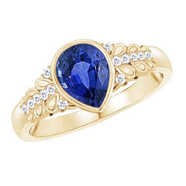 Picture of Harry Chad Enterprises 65895 4.75 CT Bezel Set Pear Ceylon Sapphire & Yellow Gold Diamond Ring&#44; Size 6.5