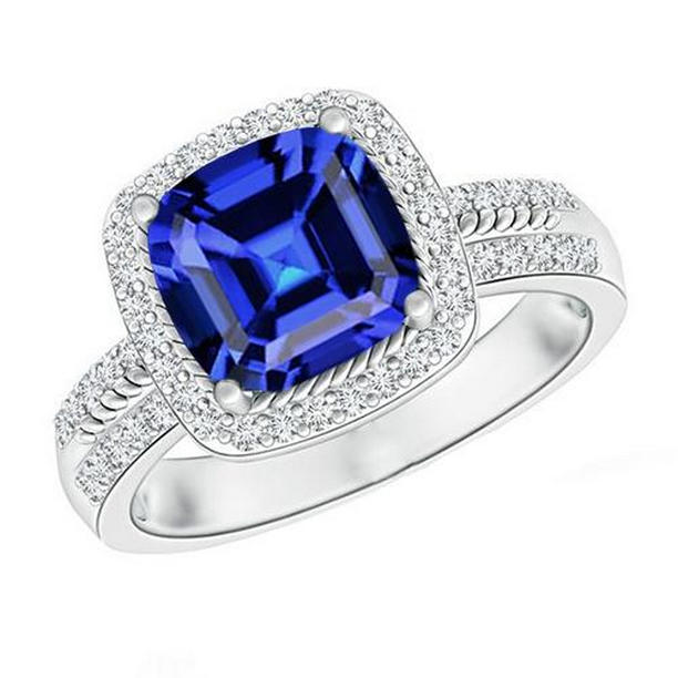Picture of Harry Chad Enterprises 65916 4.50 CT Womens Cushion Halo Blue Sapphire with Accents Diamond Ring&#44; Size 6.5