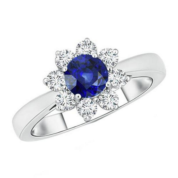Picture of Harry Chad Enterprises 65917 3 CT Gold Diamond Flower Style Halo Round Ceylon Sapphire Ring&#44; Size 6.5