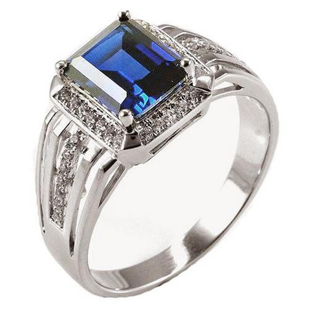 Picture of Harry Chad Enterprises 65920 3.50 CT Diamond Mens Emerald Cut Blue Sapphire Ring with Accents&#44; Size 6.5
