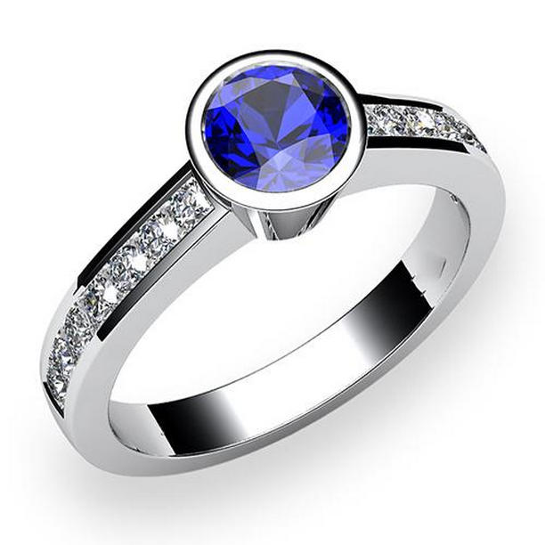 65922 White Gold 2 CT Round Bezel Set Blue Sapphire Gemstone Diamond Ring, Size 6.5