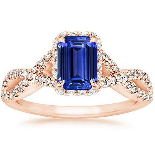 66345 4.50 CT Infinity Style Emerald Blue Sapphire & Diamond Halo Ring, Size 6.5