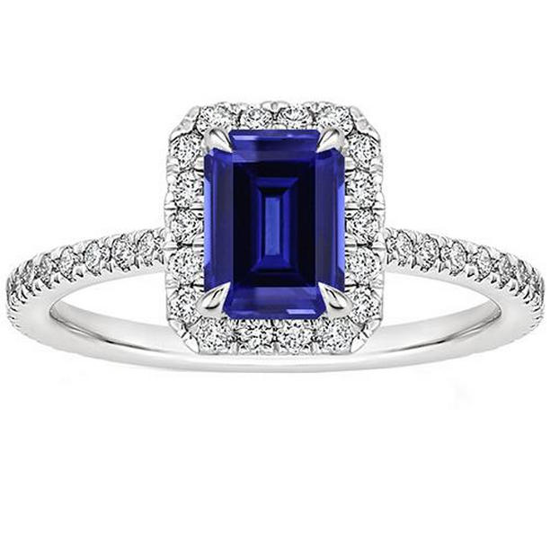 Picture of Harry Chad Enterprises 66349 4.25 CT Halo Emerald Cut Ceylon Sapphire & Diamond Engagement Ring&#44; Size 6.5