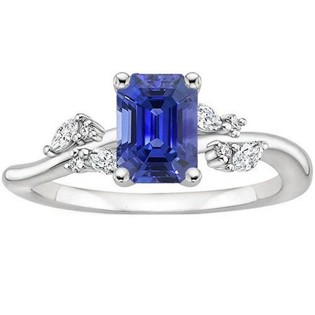 4 CT White Gold Emerald Blue Sapphire & Diamond Engagement Ring, Size 6.5