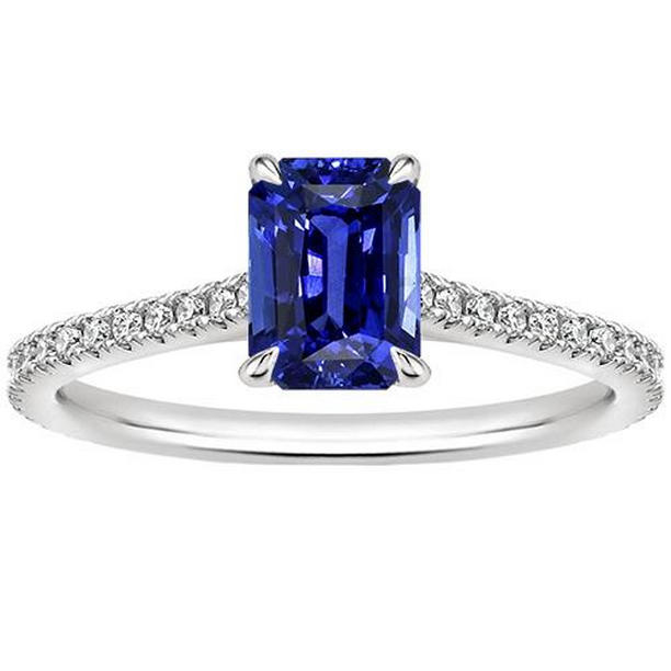 4 CT Radiant Solitaire Ring with Accents Blue Sapphire & Diamond, Size 6.5