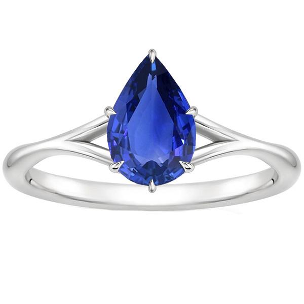 2.50 CT Split Shank Pear Cut Blue Sapphire Solitaire Ring, Size 6.5