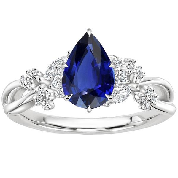 3.75 CT Solitaire Accents Pear Blue Sapphire & Diamonds Ring, Size 6.5