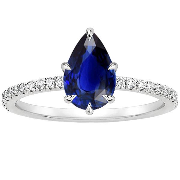 3.50 CT Solitaire with Accents Pear Blue Sapphire & Diamonds Ring, Size 6.5
