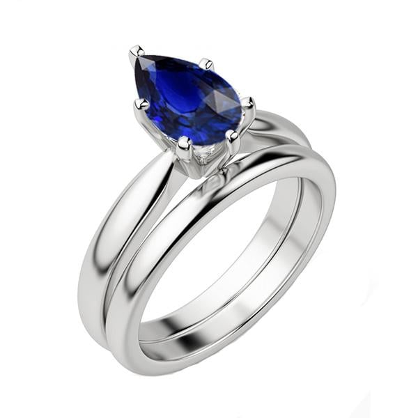 66832 2 CT Blue Sapphire Set Solitaire Pear Cut Sri Lankan Wedding Ring, Size 6.5