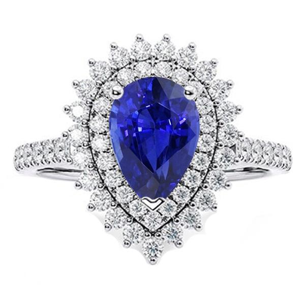 66850 5.50 CT Diamond Double Flower Style Pear Blue Sapphire Halo Ring, Size 6.5