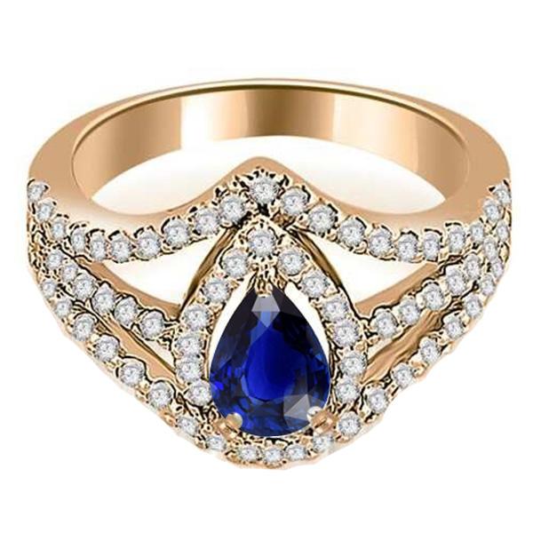 66854 4.50 CT Diamond Halo Pear Blue Sapphire Gold Wedding Ring, Size 6.5