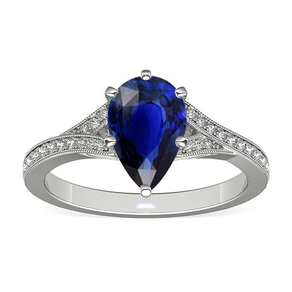 66873 4 CT White Gold Sri Lankan Pear & Round Diamonds Sapphire Ring, Size 6.5