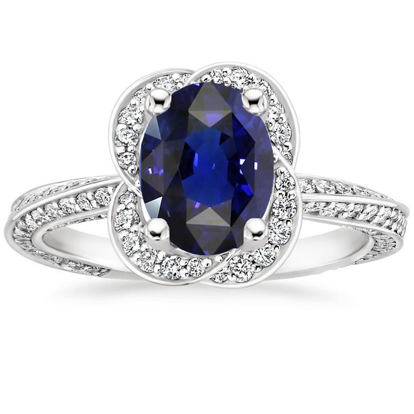 66887 6 CT Ceylon Sapphire Halo White Gold Ring & Round Diamonds, Size 6.5