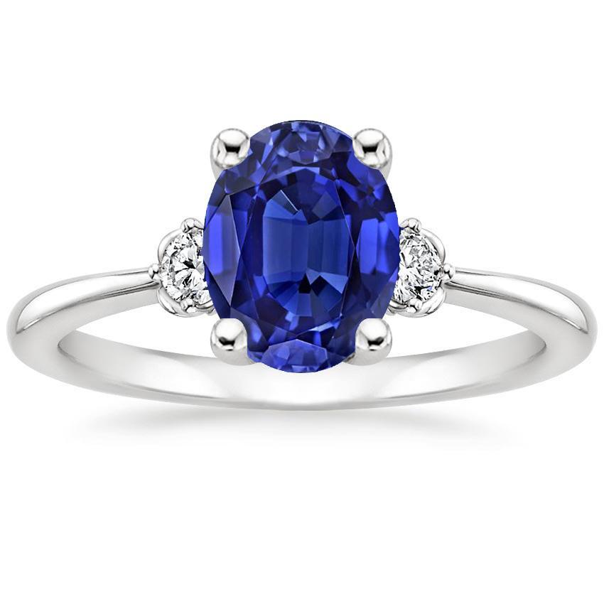 66898 3.50 CT Three Stone Diamond & Oval Ceylon Sapphire Ring, White Gold - Size 6.5